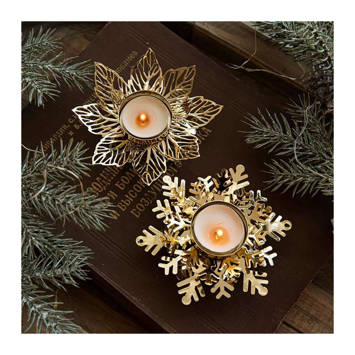 Goldener Metall-Kerzenhalter mit Schneeflocken-Design für Teelichter zur Weihnachtsdekoration - Bild 3