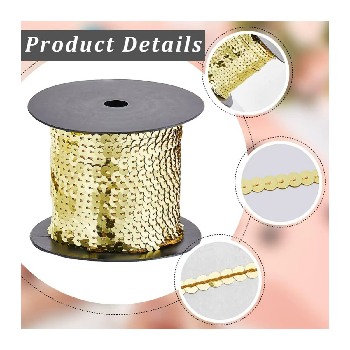 Goldener Paillettenbesatz mit flachen Pailletten-Perlen, 6 mm Breite, 91,44 m Glitzerband auf Spule - Bild 5