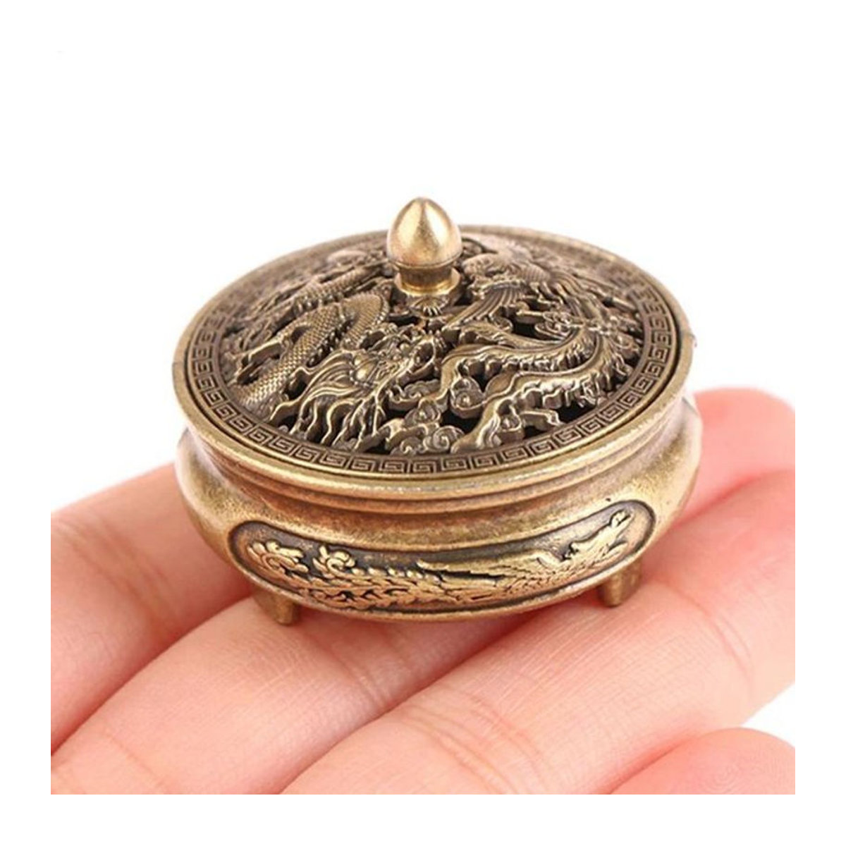 Goldener Weihrauchbrenner aus Metall mit abnehmbarem Deckel im orientalischen Design als dekoratives Ornament für Yoga und Wohnräume - Bild 1