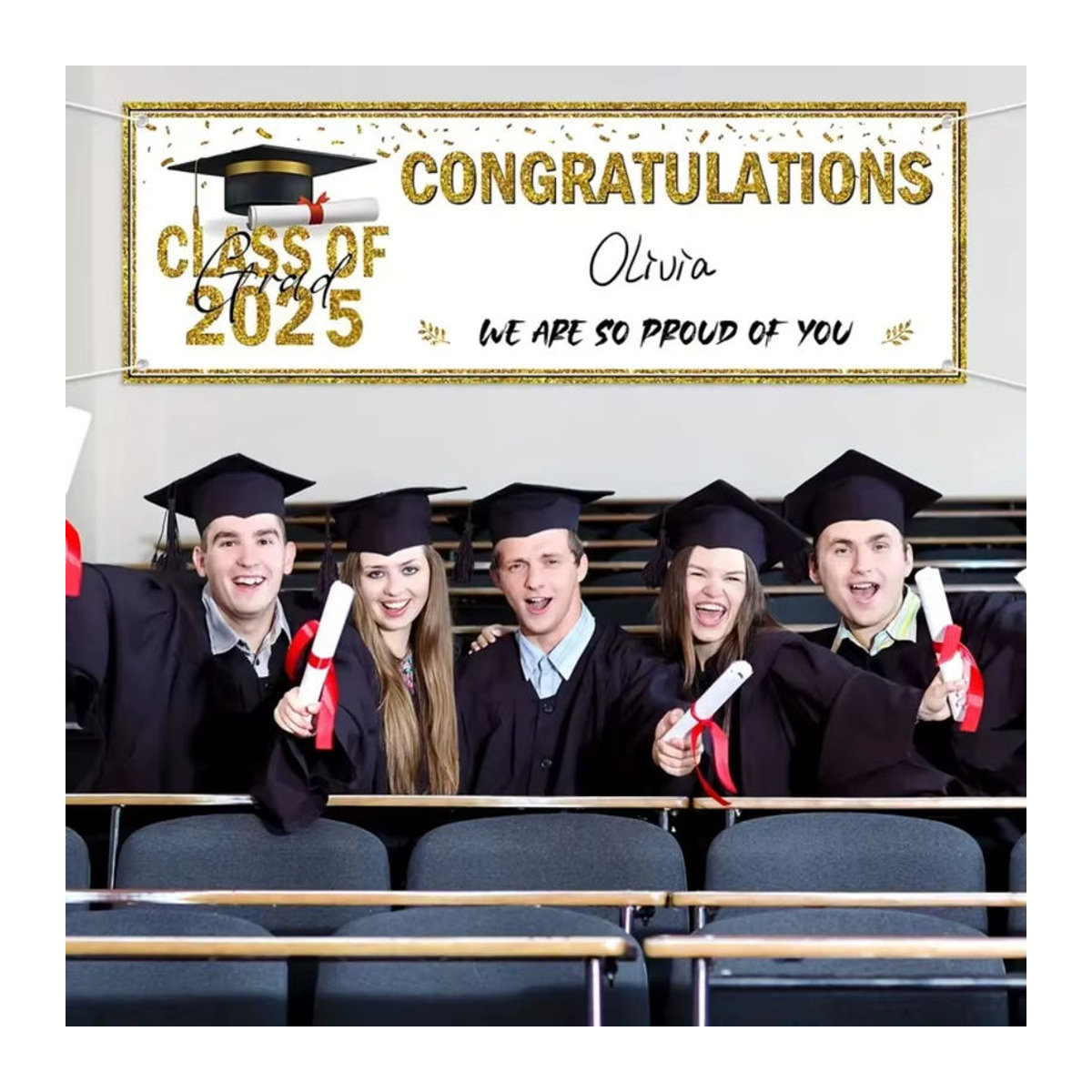 Goldfarbenes Abschlussbanner Klasse 2025 aus Kunststoff für deine Abschlussfeier-Dekoration mit Buchstaben und Schnur zum Aufhängen - Bild 2
