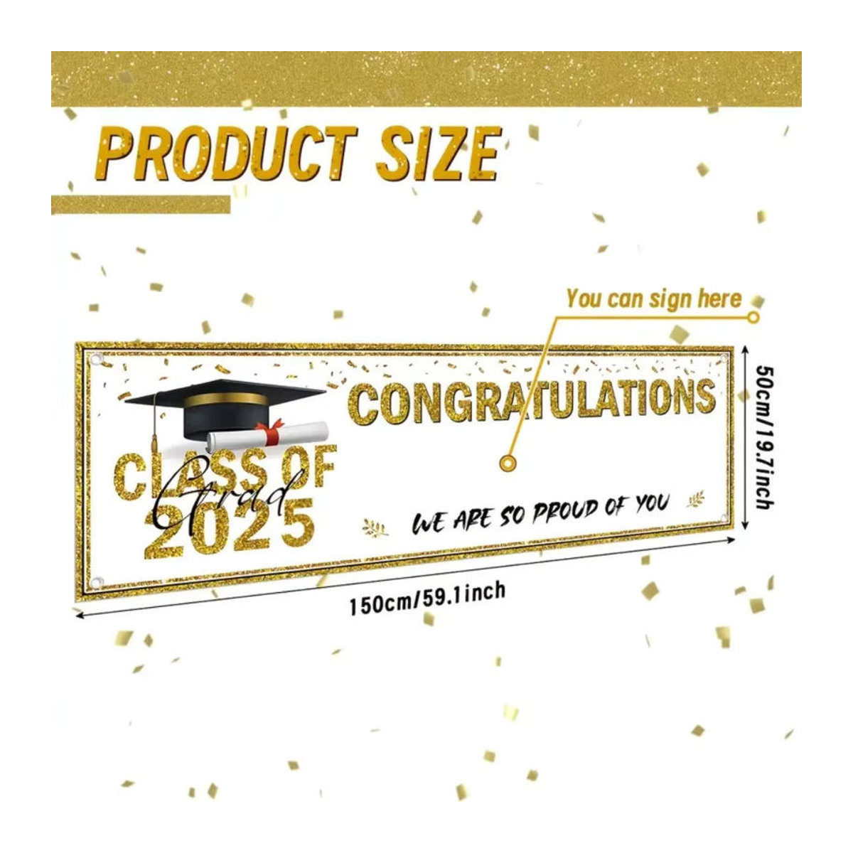 Goldfarbenes Abschlussbanner Klasse 2025 aus Kunststoff für deine Abschlussfeier-Dekoration mit Buchstaben und Schnur zum Aufhängen - Bild 3