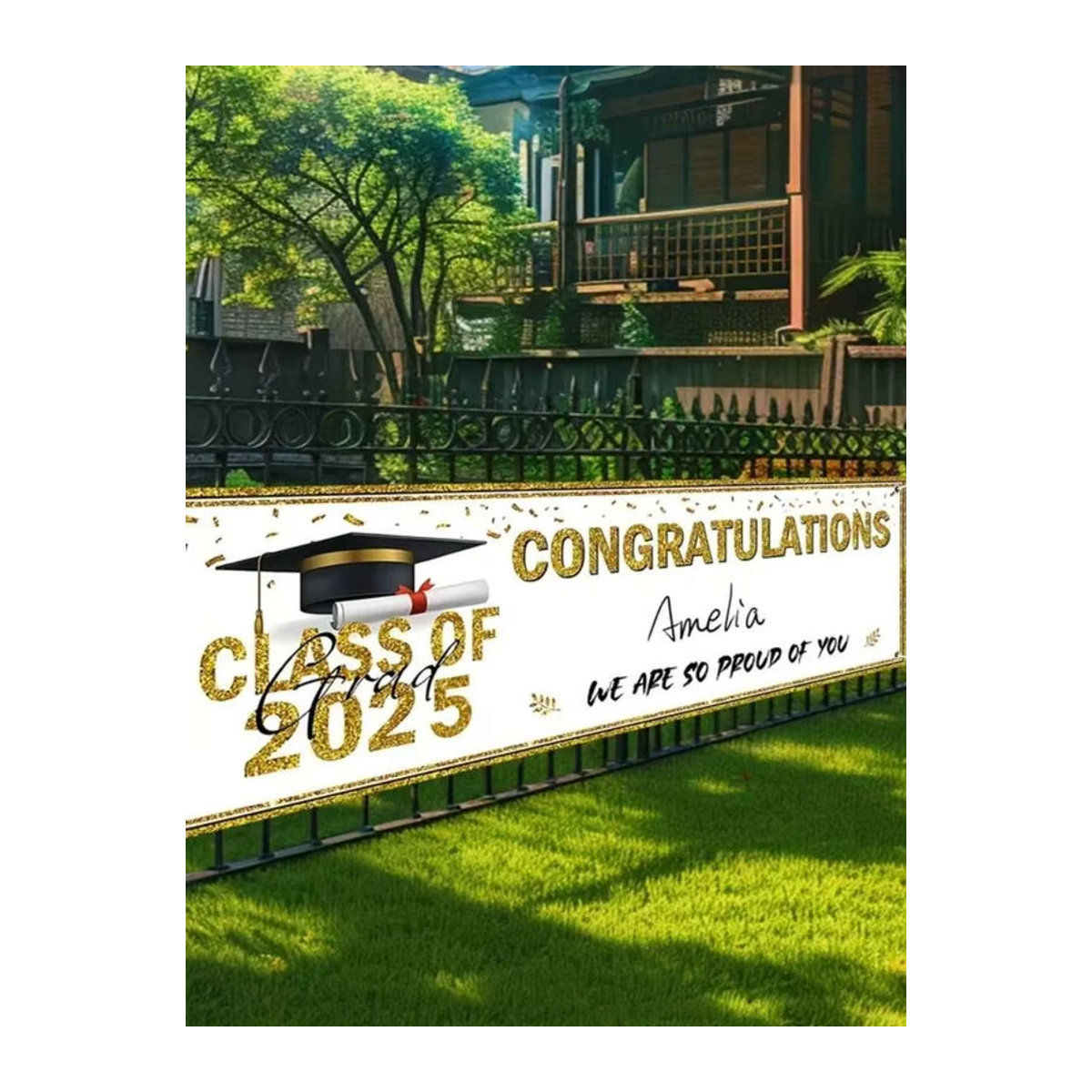 Goldfarbenes Abschlussbanner Klasse 2025 aus Kunststoff für deine Abschlussfeier-Dekoration mit Buchstaben und Schnur zum Aufhängen - Bild 5