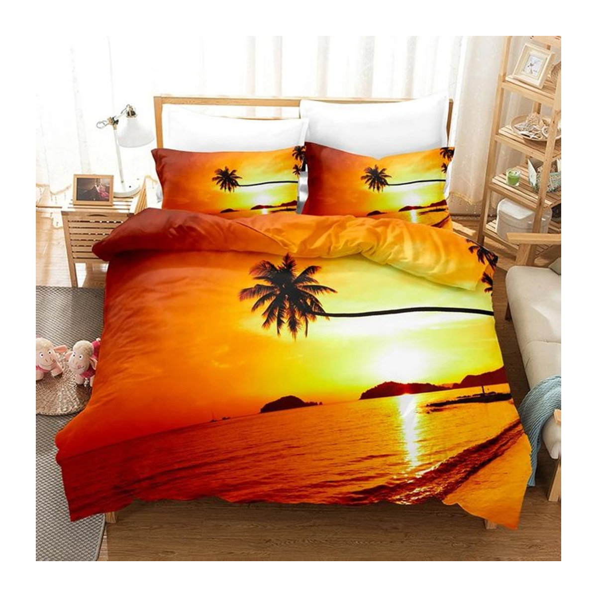 Goldon Sunset Bettwäsche-Set mit tropischem Strandurlaub und Sonnenaufgang Motiv in Orange, bestehend aus Bettbezug und Kissenbezug, Breite: 135 cm, Länge: 200 cm - Bild 1