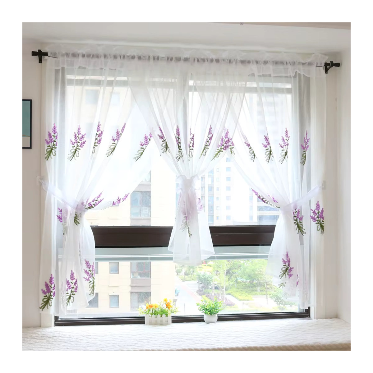 Gollado Transparente Kurzvorhänge Doris in Weiß mit lila Lavendel-Stickerei zur Fensterdekoration - Bild 2