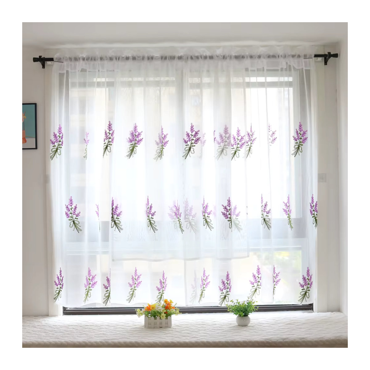 Gollado Transparente Kurzvorhänge Doris in Weiß mit lila Lavendel-Stickerei zur Fensterdekoration - Bild 3