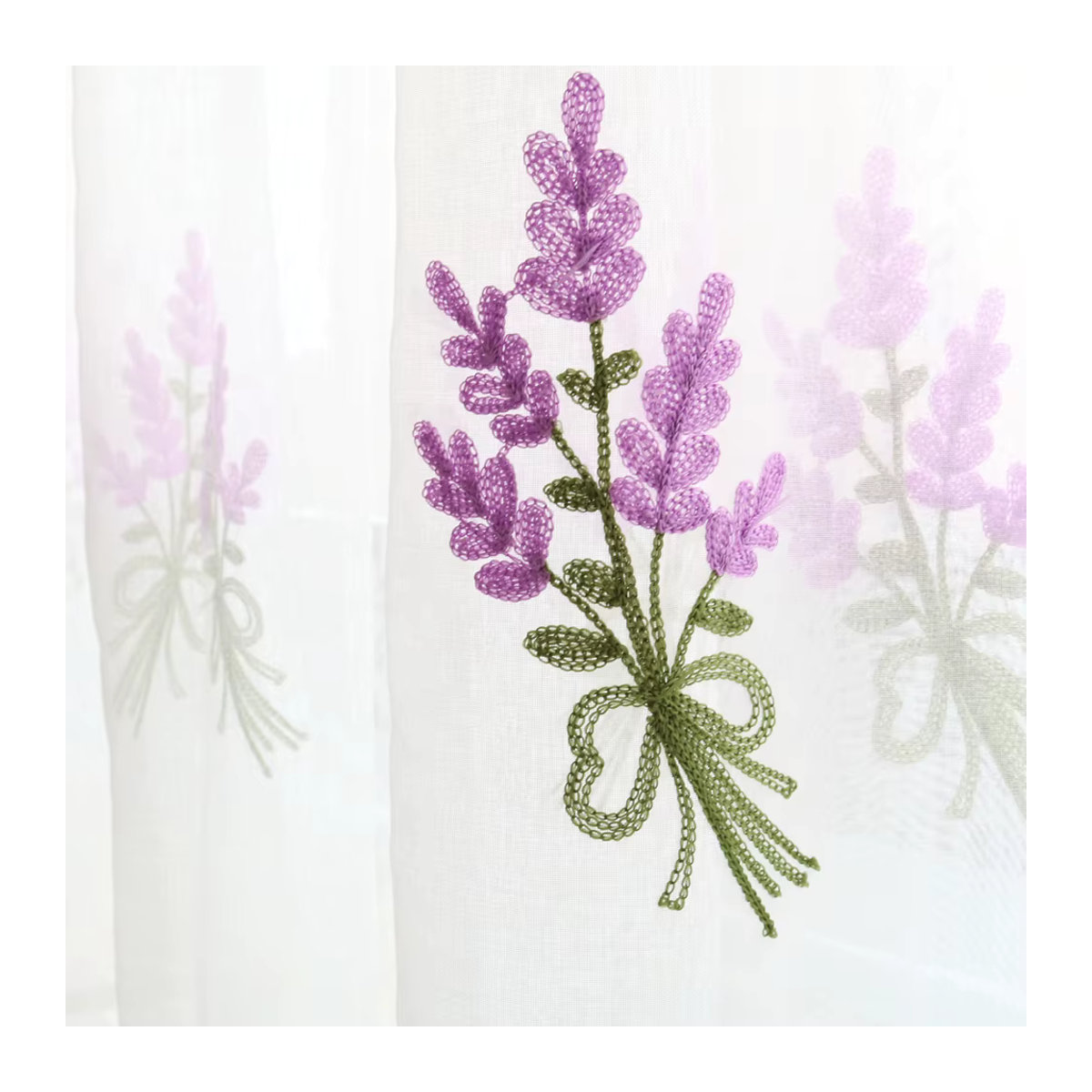 Gollado Transparente Kurzvorhänge Doris in Weiß mit lila Lavendel-Stickerei zur Fensterdekoration - Bild 4