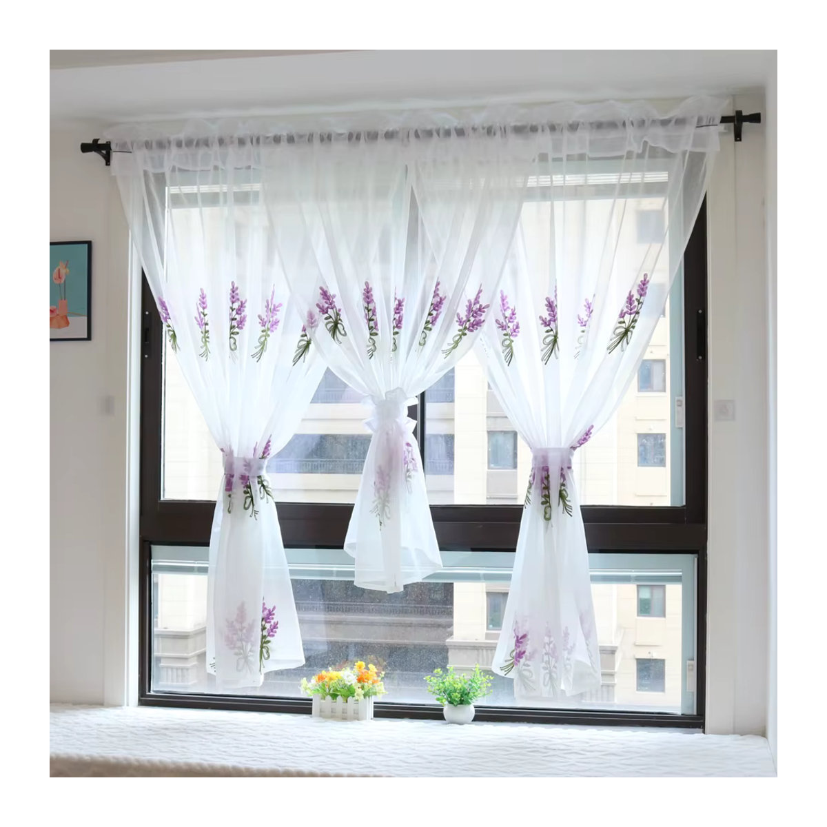 Gollado Transparente Kurzvorhänge Doris in Weiß mit lila Lavendel-Stickerei zur Fensterdekoration - Bild 5