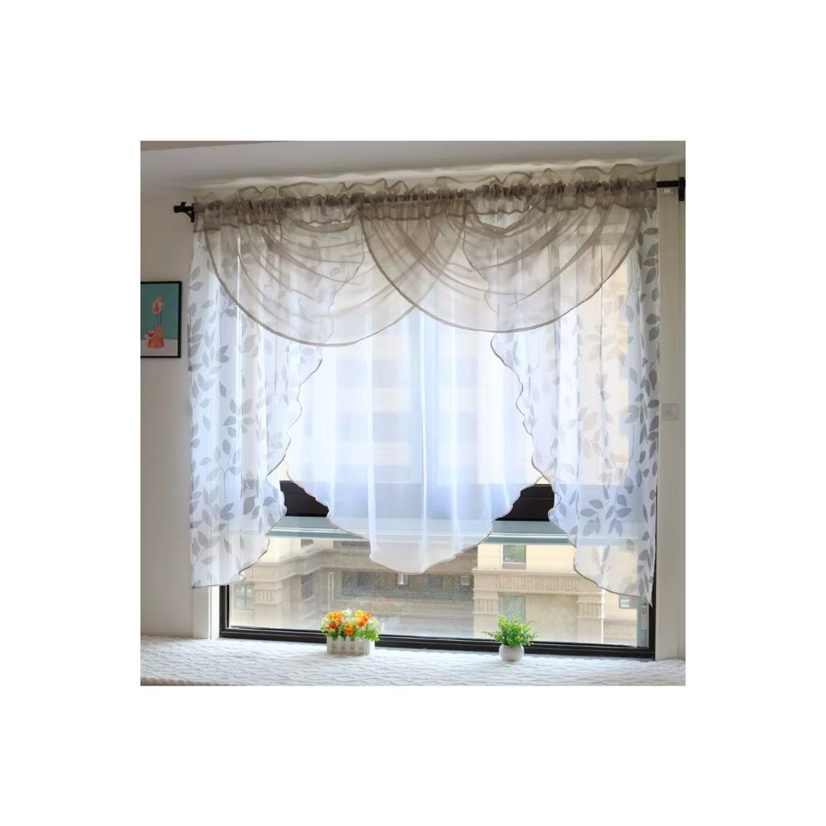 Gollado Voile-Fenstervorhänge mit Blätterdruck und doppelt bogenförmigem Volant in Grau und Weiß - Bild 4