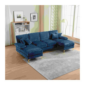 Gomyway Modernes U-förmiges Chenille-Sofa mit Doppel-Liegesitzen und Massivholz-Metall-Gestell in Blau
