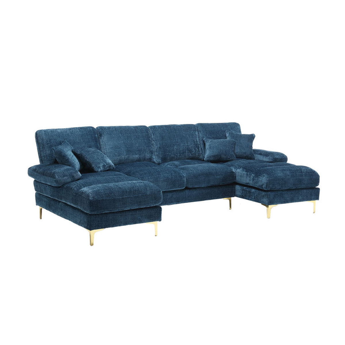 Gomyway Modernes U-förmiges Chenille-Sofa mit Doppel-Liegesitzen und Massivholz-Metall-Gestell in Blau - Bild 2