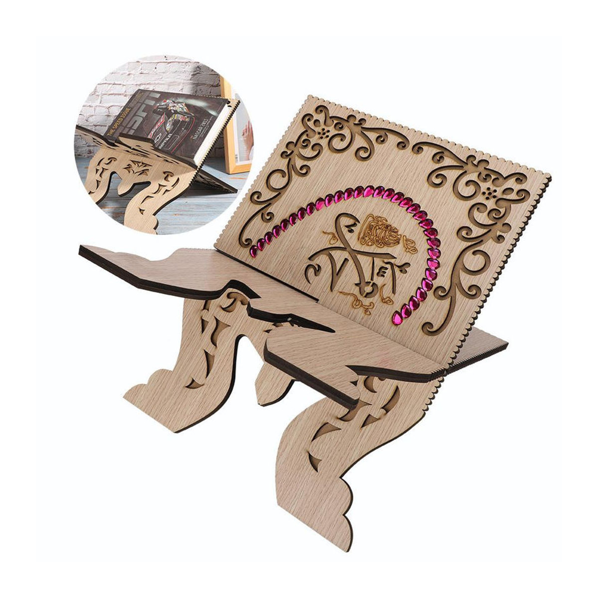 GoolRC Koran Buchhalter im Retro-Design aus Holz mit rotem Diamant-Muster, religiöser Buchständer in Rot und Beige - Bild 5