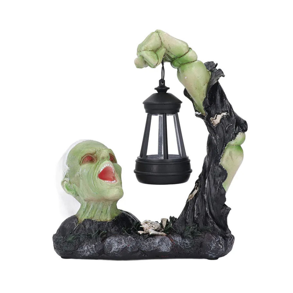 GoolRC Solarbetriebene LED Horror Schädel Statue Laterne aus Kunstharz in Grün für gruselige Dekoration im Hof - Bild 3