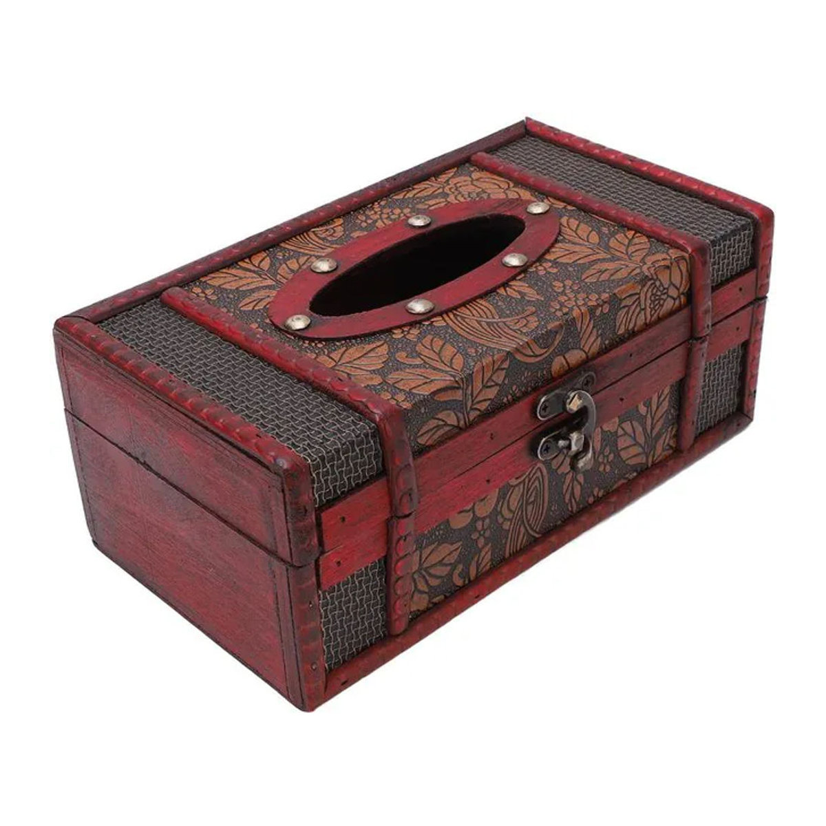 GoolRC Vintage Taschentuchbox aus Holz in Braun und Rot mit floralem Design - Bild 1