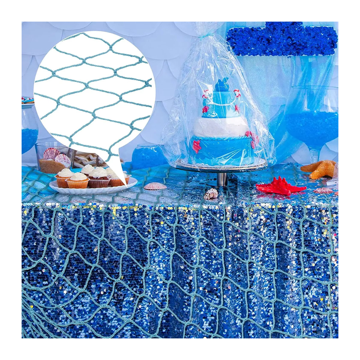 Gooparty Fischernetz-Dekoration in Blau für Meerjungfrau- und Ozean-Themen bei Hochzeiten, Geburtstagen oder Strandpartys - Bild 3