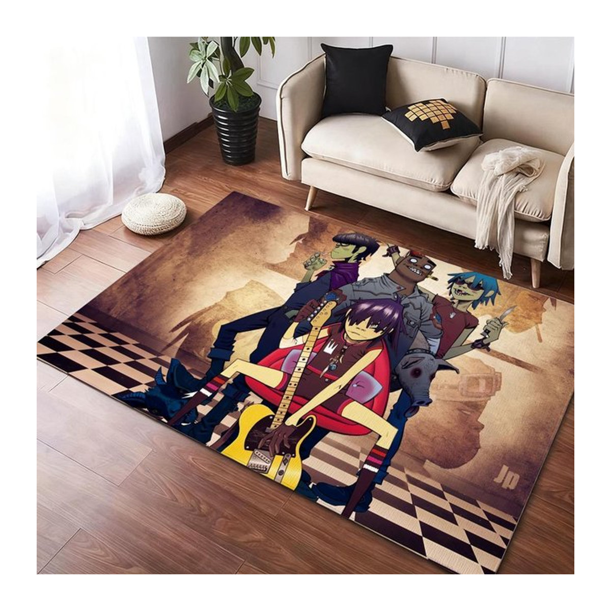 Gorillaz Rockband Bodenmatte aus weichem Flanell in Schwarz und Mehrfarbig, rutschfester Plüschteppich für dein Wohnzimmer und Innenbereich - Bild 1