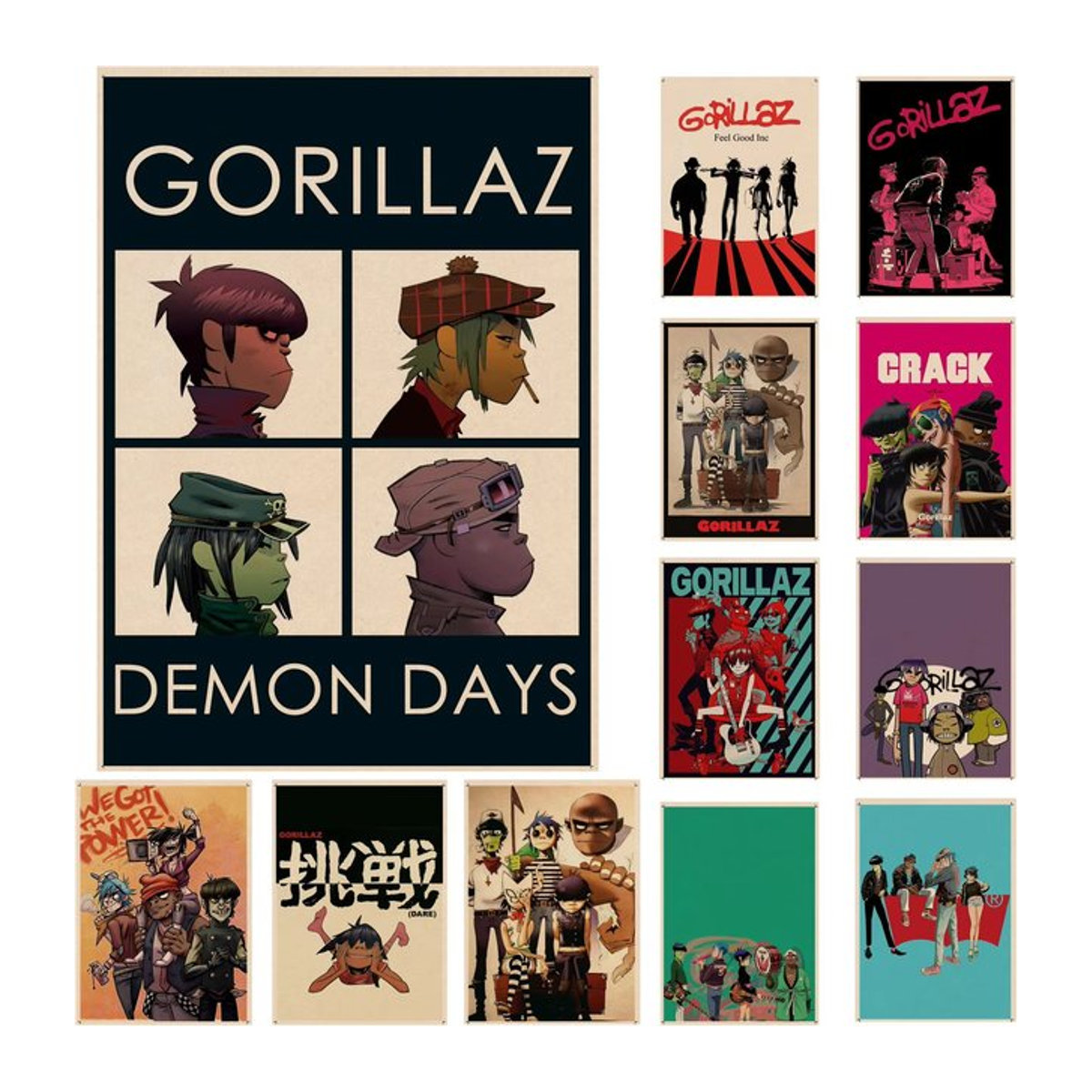 Gorillaz Vintage Poster Retro Hip Hop Kunst auf braunem Kraftpapier im Hochformat - Bild 1