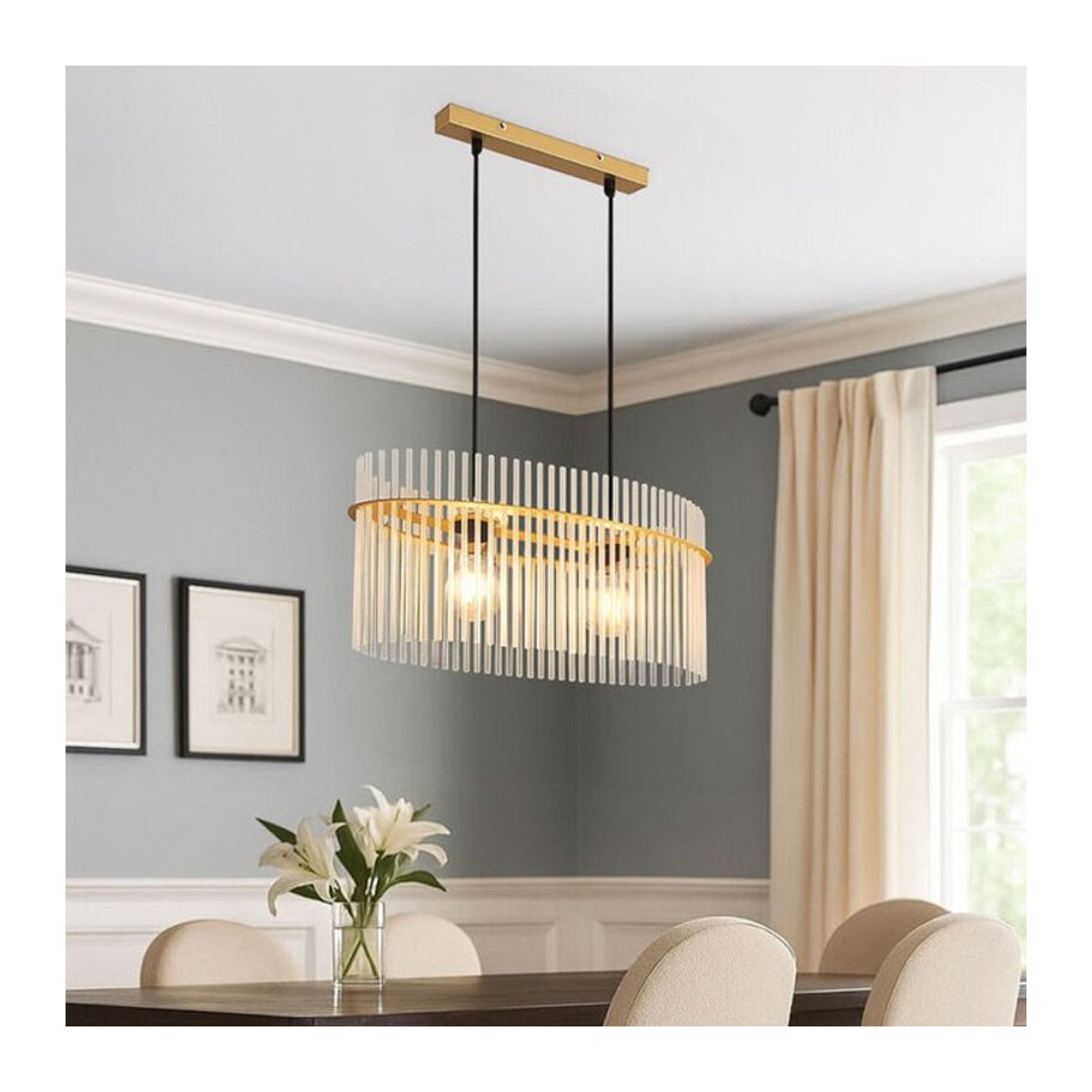GORLEY Pendelleuchte aus Metall und Glas in Goldfarben mit 2 Opal-Glasstäben für E27, B: 60 cm, T: 23 cm, H: 140 cm - Bild 1