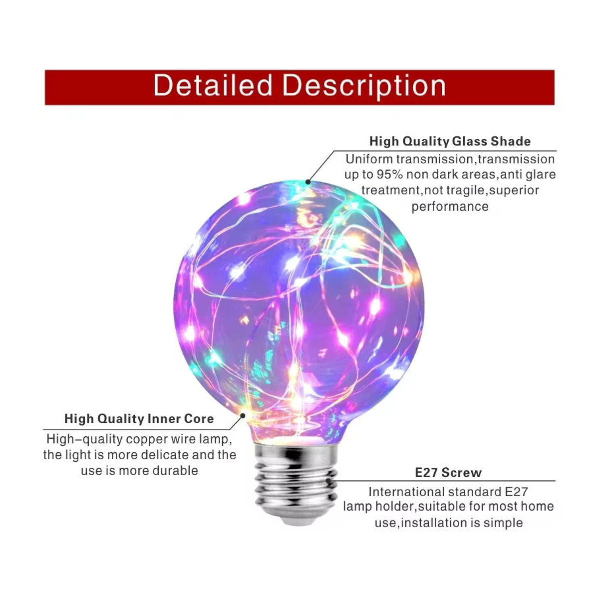 GOT LIANG LED Edison Retro Glühbirne E27 G95 Bunt RGB mit Kupferdraht und Glas - Bild 3