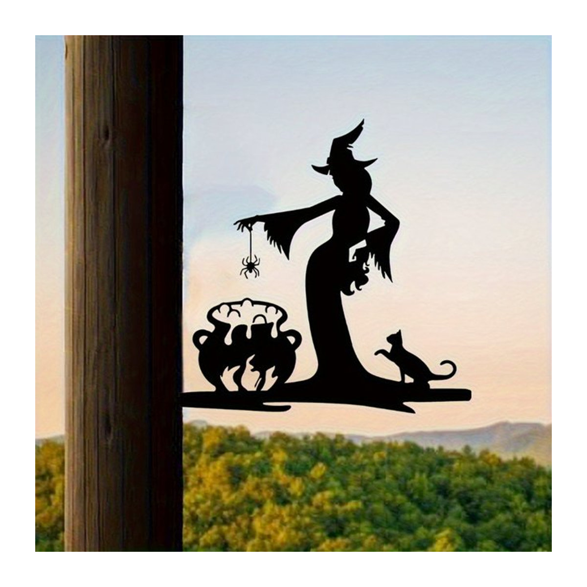 Gotische Halloween-Wandskulptur aus Metall von CIFBUY in Schwarz mit Hexe, Katze und Spinnen-Silhouetten - Bild 1