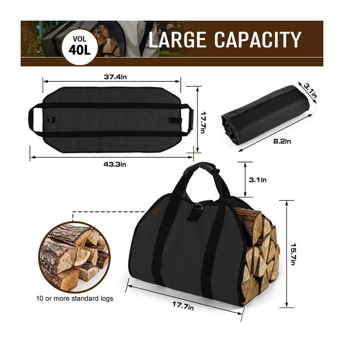 Goture Brennholztasche aus robustem 12 oz Canvas mit Griffen, B/H: 99 x 48 cm - Bild 3