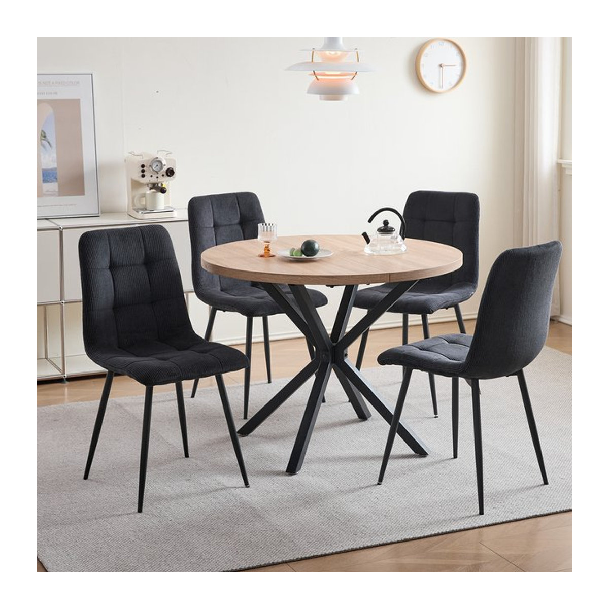 GrandCA HOME Essgruppe im skandinavischen Design mit rundem Esstisch und 4 Esszimmerstühlen aus Cordstoff in Schwarz und Grau, Durchmesser: 100 cm - Bild 1