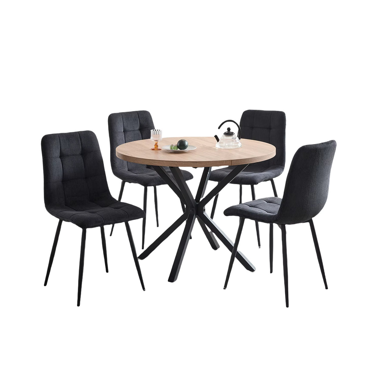 GrandCA HOME Essgruppe im skandinavischen Design mit rundem Esstisch und 4 Esszimmerstühlen aus Cordstoff in Schwarz und Grau, Durchmesser: 100 cm - Bild 2
