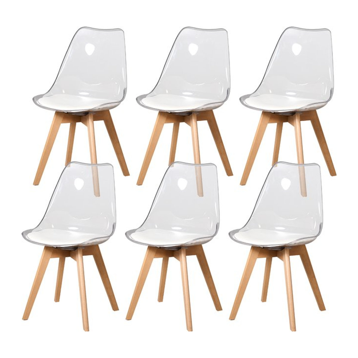 GrandCA HOME Set aus gepolsterten Esszimmerstühlen aus transparentem Acryl mit weißen PU-Kissen und Buchenholzbeinen im skandinavischen Design - Bild 1