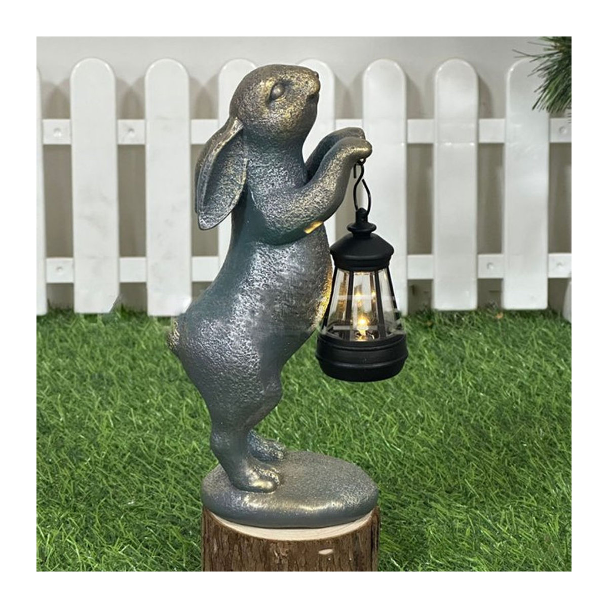 Graue Gartenstatue Kaninchen mit Solarlaterne aus Kunstharz zur Dekoration für Terrasse, Hof und Rasen - Bild 1