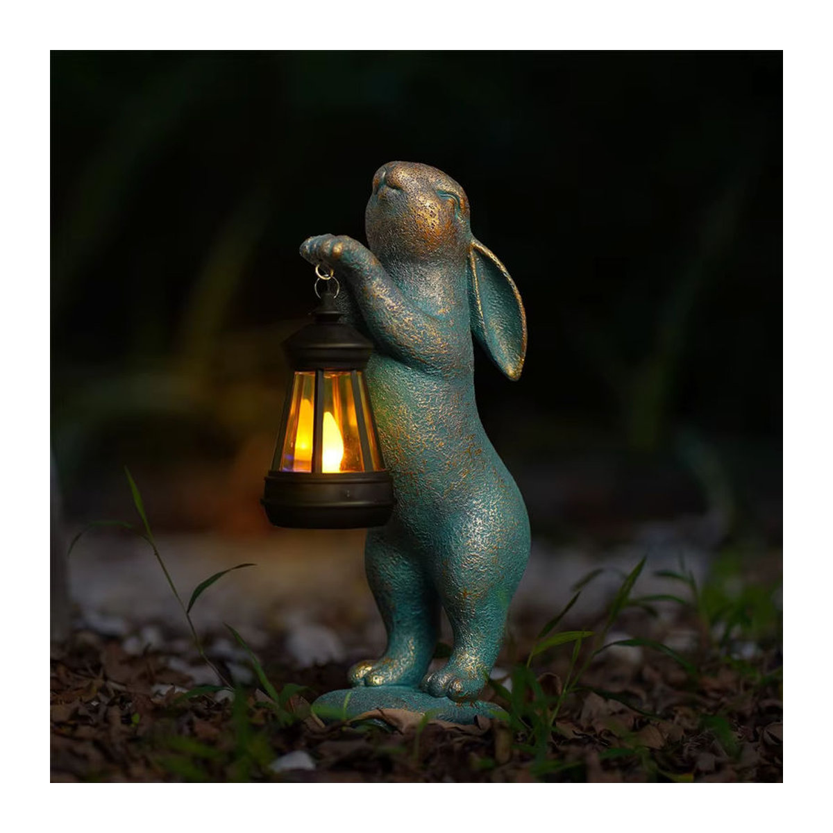 Graue Gartenstatue Kaninchen mit Solarlaterne aus Kunstharz zur Dekoration für Terrasse, Hof und Rasen - Bild 2
