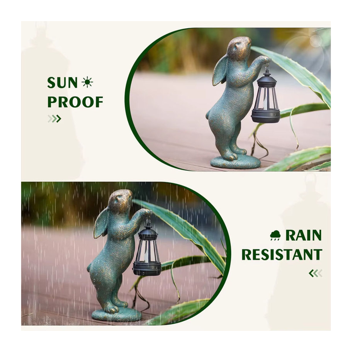 Graue Gartenstatue Kaninchen mit Solarlaterne aus Kunstharz zur Dekoration für Terrasse, Hof und Rasen - Bild 4