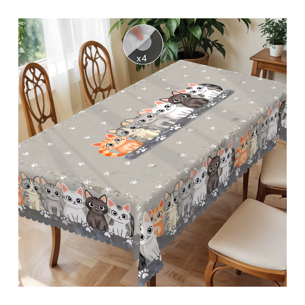 Graue Polyester-Tischdecke mit niedlichem Katzenmuster und gewelltem Rand für deine Küchen- und Raumdekoration - Bild 1