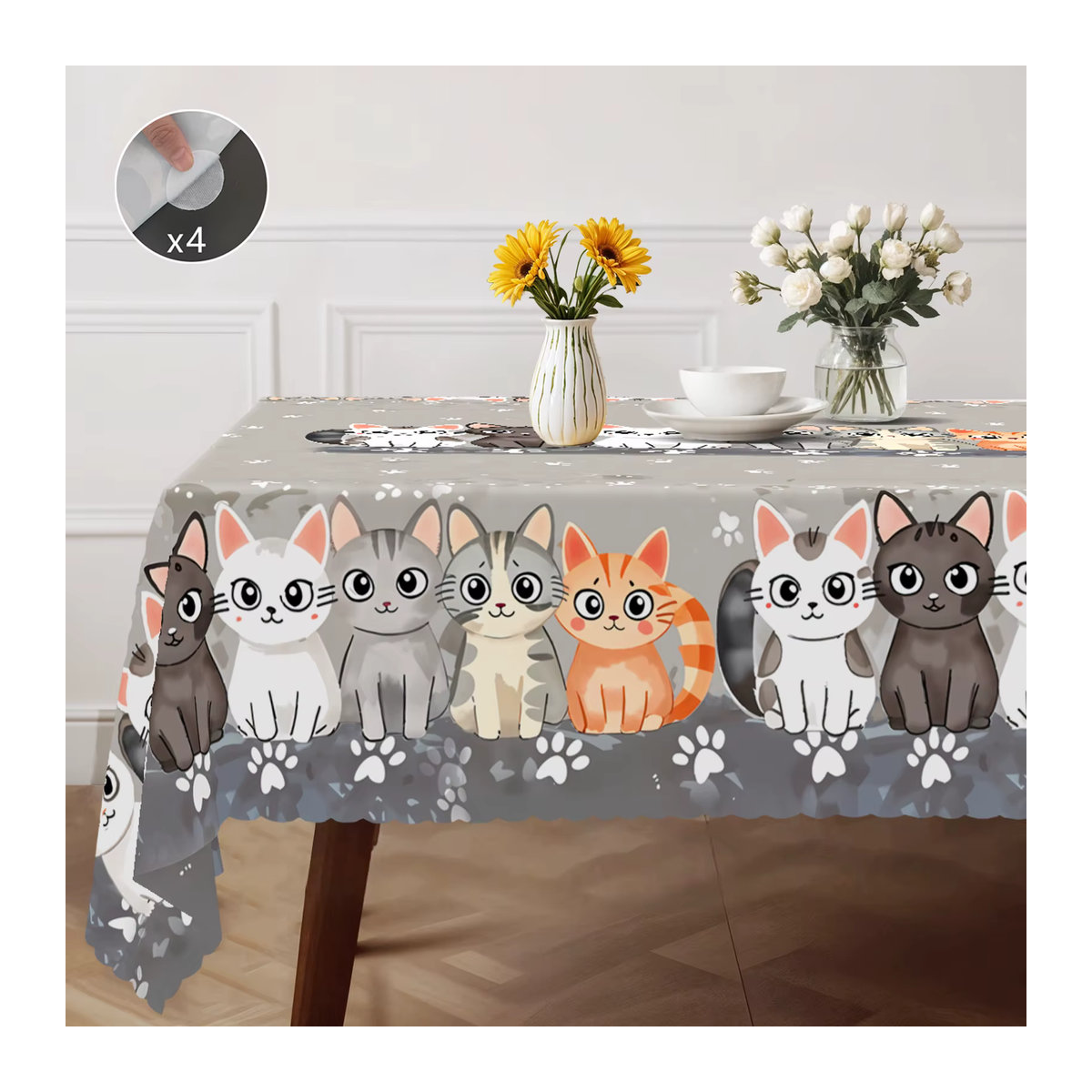 Graue Polyester-Tischdecke mit niedlichem Katzenmuster und gewelltem Rand für deine Küchen- und Raumdekoration - Bild 2
