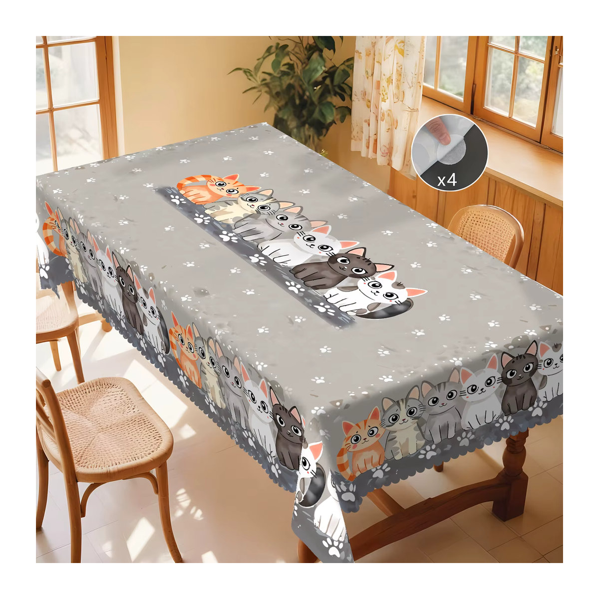 Graue Polyester-Tischdecke mit niedlichem Katzenmuster und gewelltem Rand für deine Küchen- und Raumdekoration - Bild 3