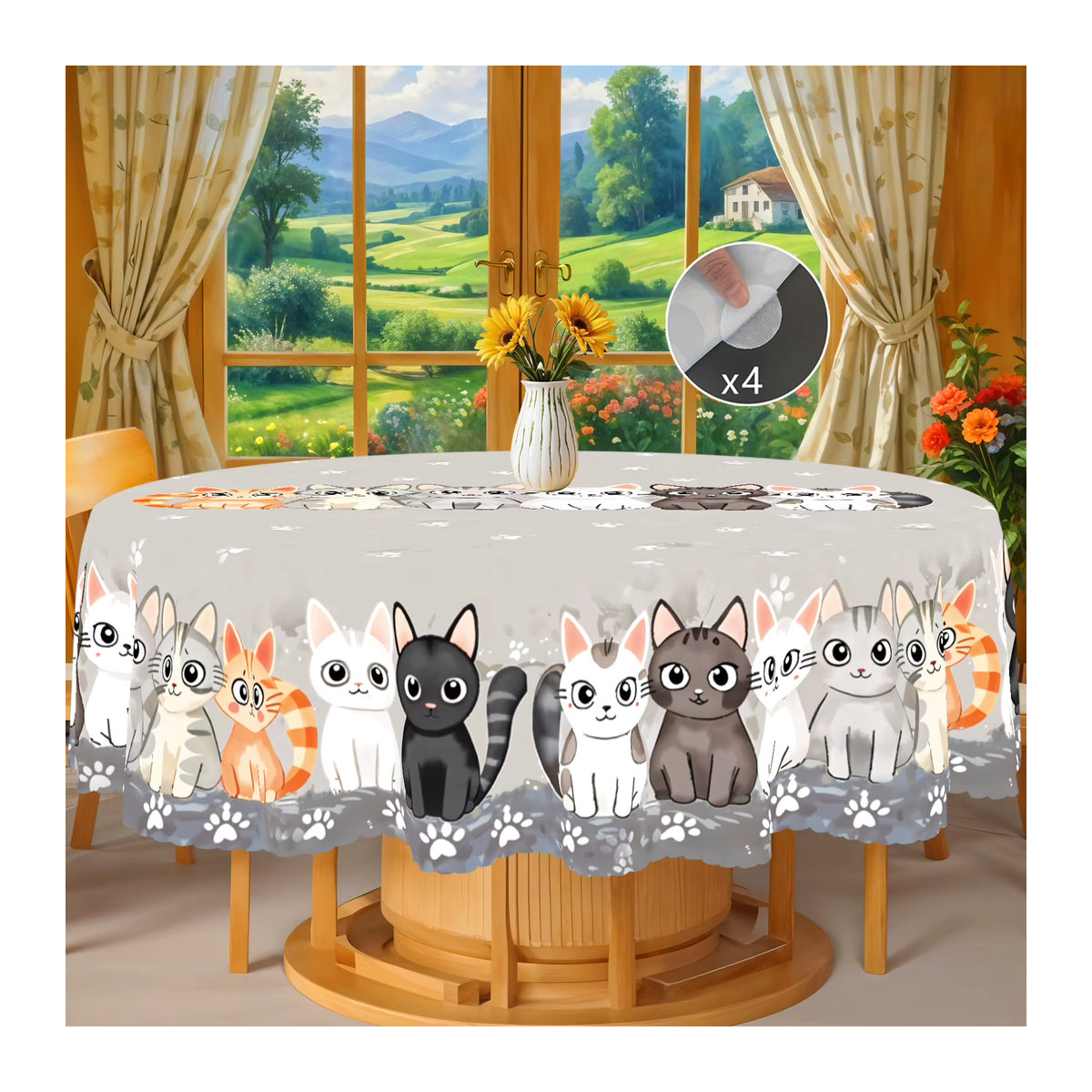 Graue Polyester-Tischdecke mit niedlichem Katzenmuster und gewelltem Rand für deine Küchen- und Raumdekoration - Bild 4