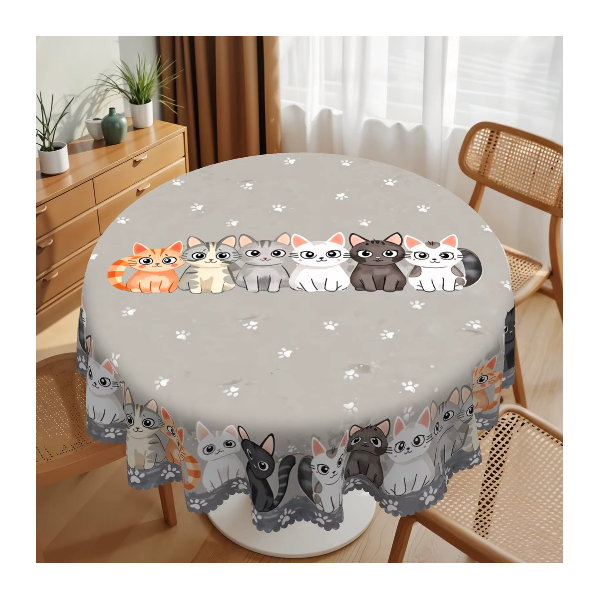 Graue Polyester-Tischdecke mit niedlichem Katzenmuster und gewelltem Rand für deine Küchen- und Raumdekoration - Bild 5