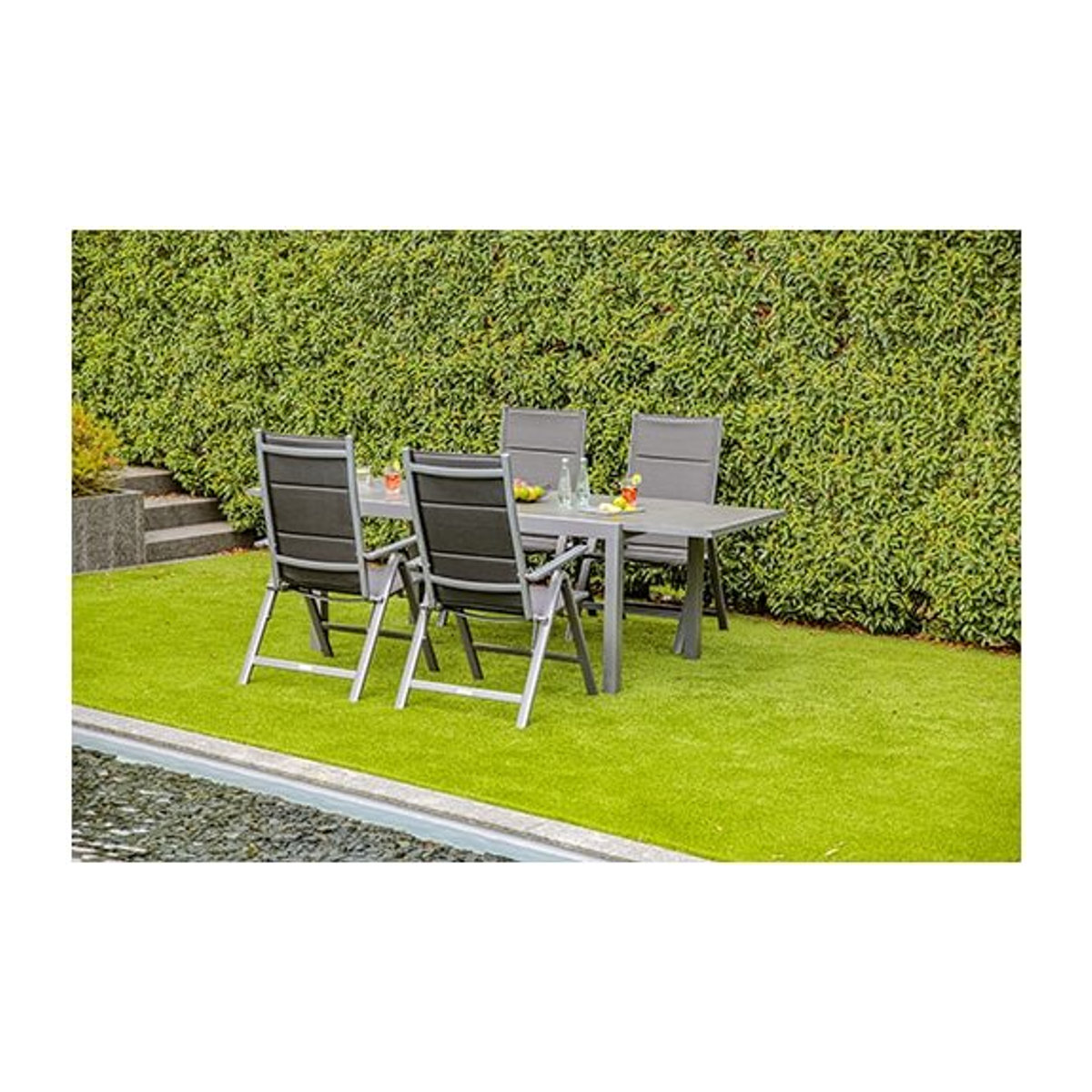 Greemotion Gartenmöbel-Set GRENADA, 5-teilige Tischgruppe mit Ausziehtisch und Klappsesseln, Keramik-Glas-Tischplatte und Textilene, Anthrazit/Grau, für 4 Personen - Bild 1
