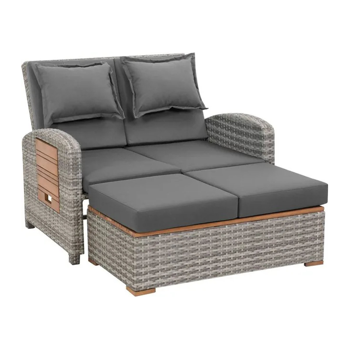 Greemotion Loungesofa Bahia Tobago Multifunktionssofa aus Polyrattan in Grau und Natur mit Teak-Optik - Bild 1