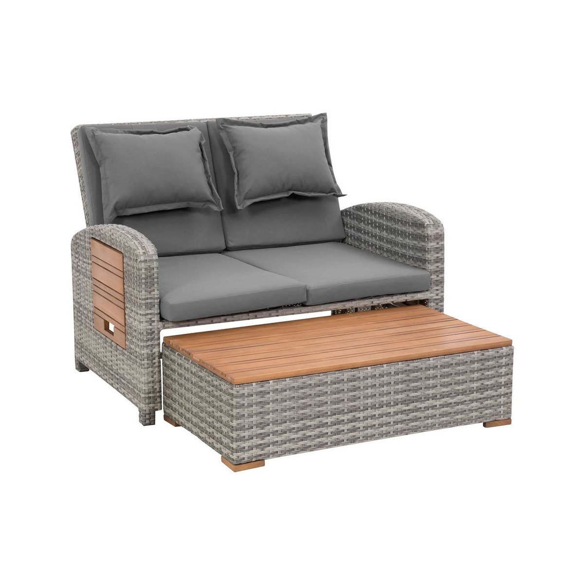 Greemotion Loungesofa Bahia Tobago Multifunktionssofa aus Polyrattan in Grau und Natur mit Teak-Optik - Bild 2