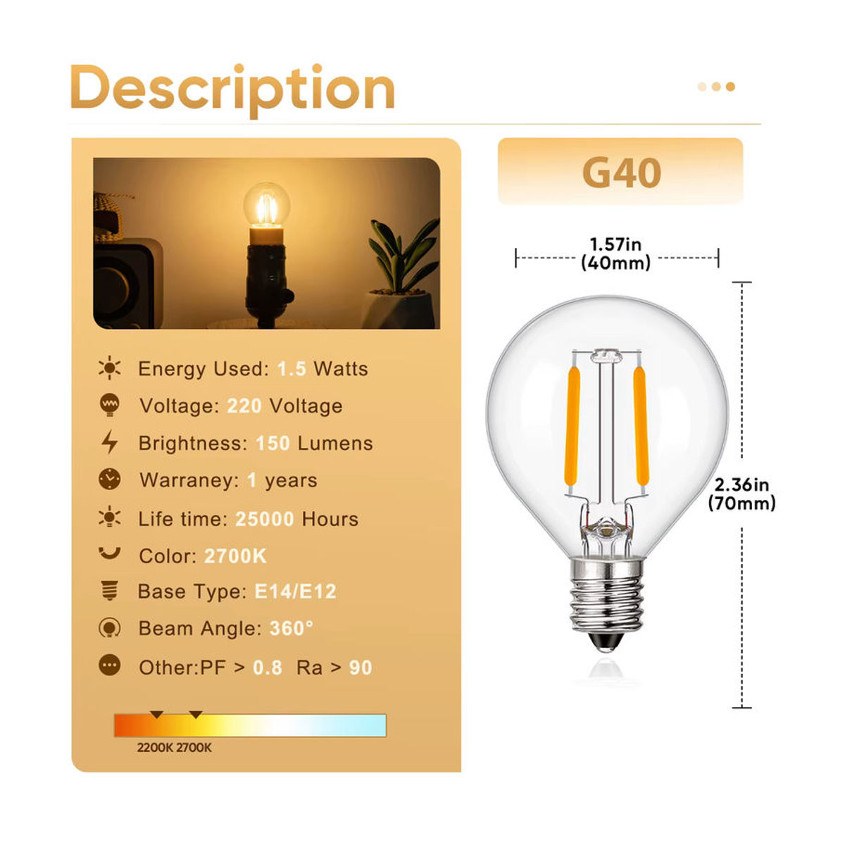 Grensk 6er Set Globe G40 LED Filament Lampen E14 1,5 W Warmweiß Dimmbar Retro Design für Innen und Außen - Bild 2