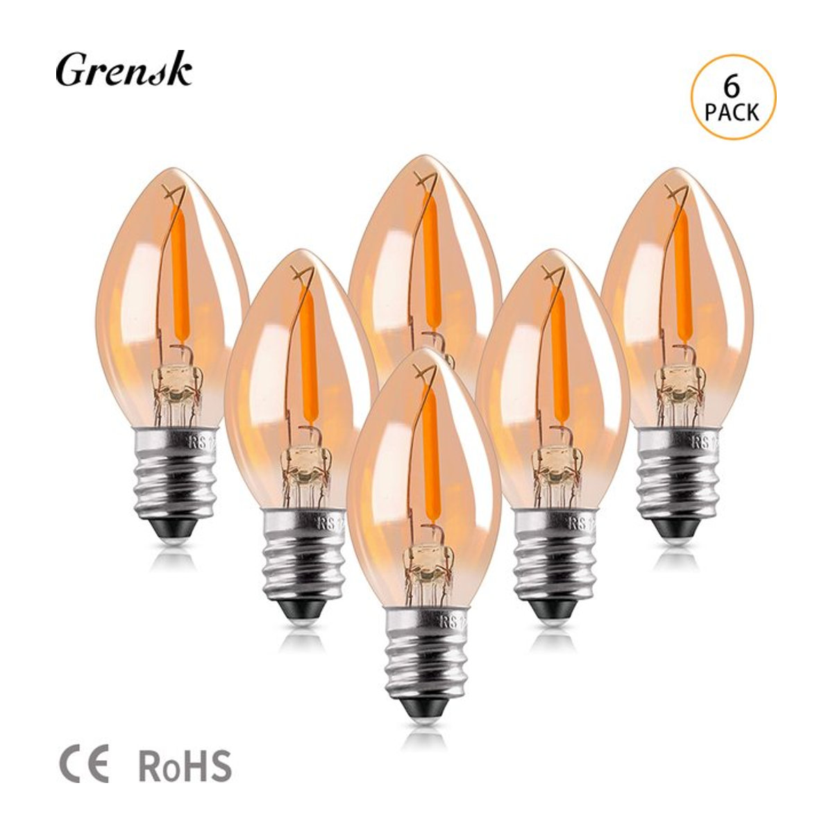 Grensk 6er Set LED Weihnachtsdekoration C7 Nachtlampe Vintage Bernstein Glasbirnen E14 0,5W Warmweiß 2200K Dimmbar - Bild 1