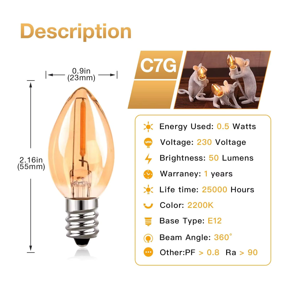 Grensk 6er Set LED Weihnachtsdekoration C7 Nachtlampe Vintage Bernstein Glasbirnen E14 0,5W Warmweiß 2200K Dimmbar - Bild 3