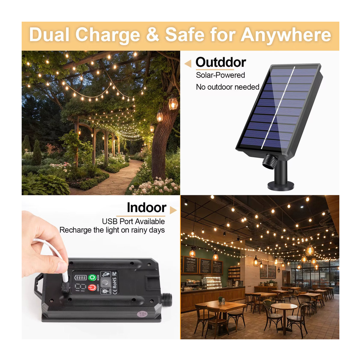 Grensk G40 Solar Lichterkette für den Außenbereich, wasserdichte LED-Lichterkette in Schwarz mit Fernbedienung und USB-Ladefunktion - Bild 4