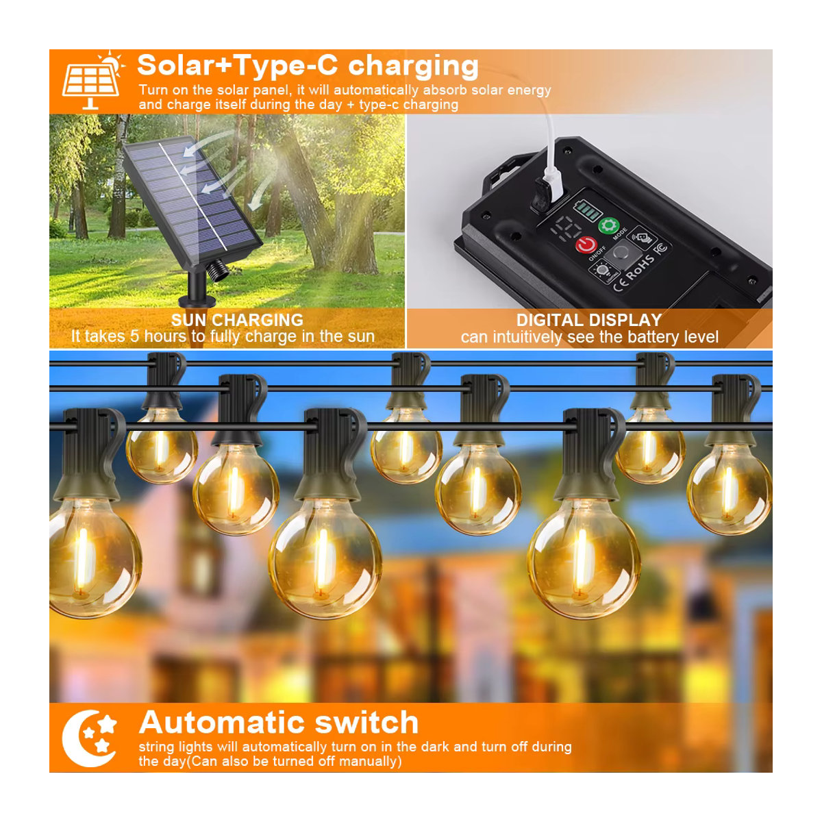 Grensk G40 Solar-Lichterkette mit weißen LED-Glaskugeln im Retro-Design für den Außenbereich - Bild 3