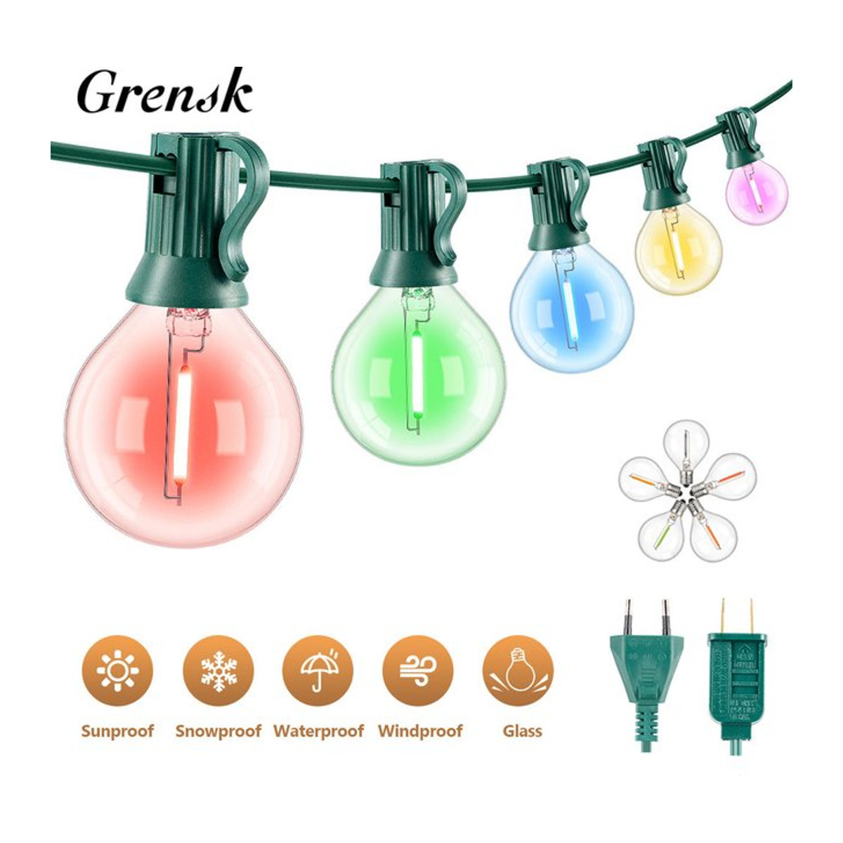 Grensk Garten-Lichterkette mit bunten G40 Glas-Glühbirnen, wasserdichte Außenleuchten mit E12-Sockel und 1 W Leistung - Bild 1
