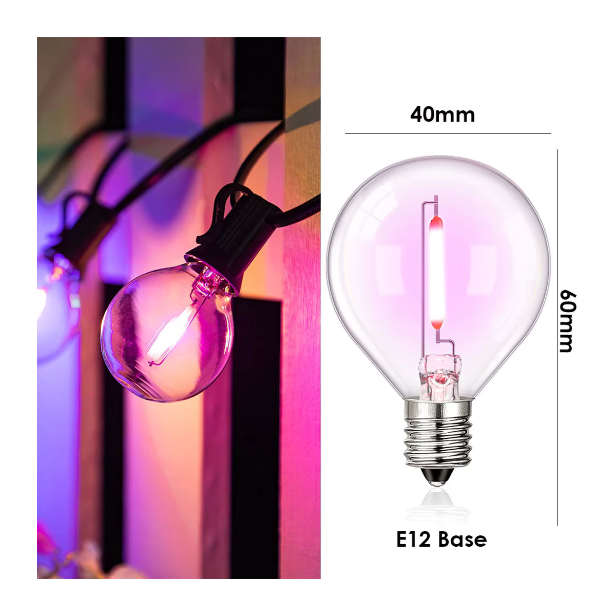 Grensk Garten-Lichterkette mit bunten G40 Glas-Glühbirnen, wasserdichte Außenleuchten mit E12-Sockel und 1 W Leistung - Bild 2