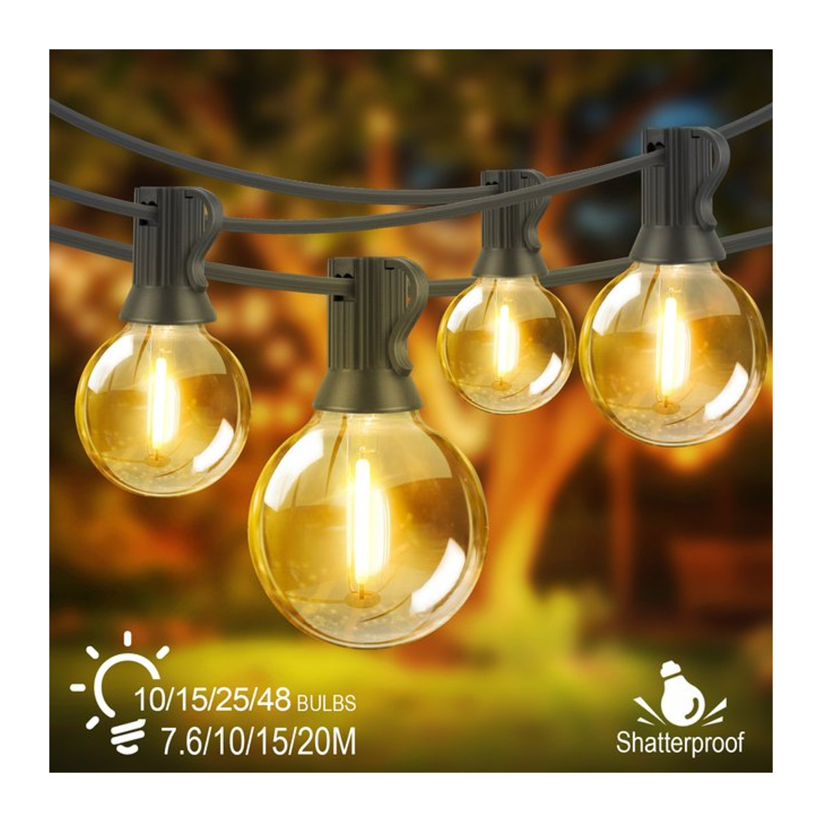 Grensk LED G40 Lichterkette in Schwarz mit E12 Fassung, bruchsichere und wasserdichte Retro-Dekoration für deinen Garten - Bild 1