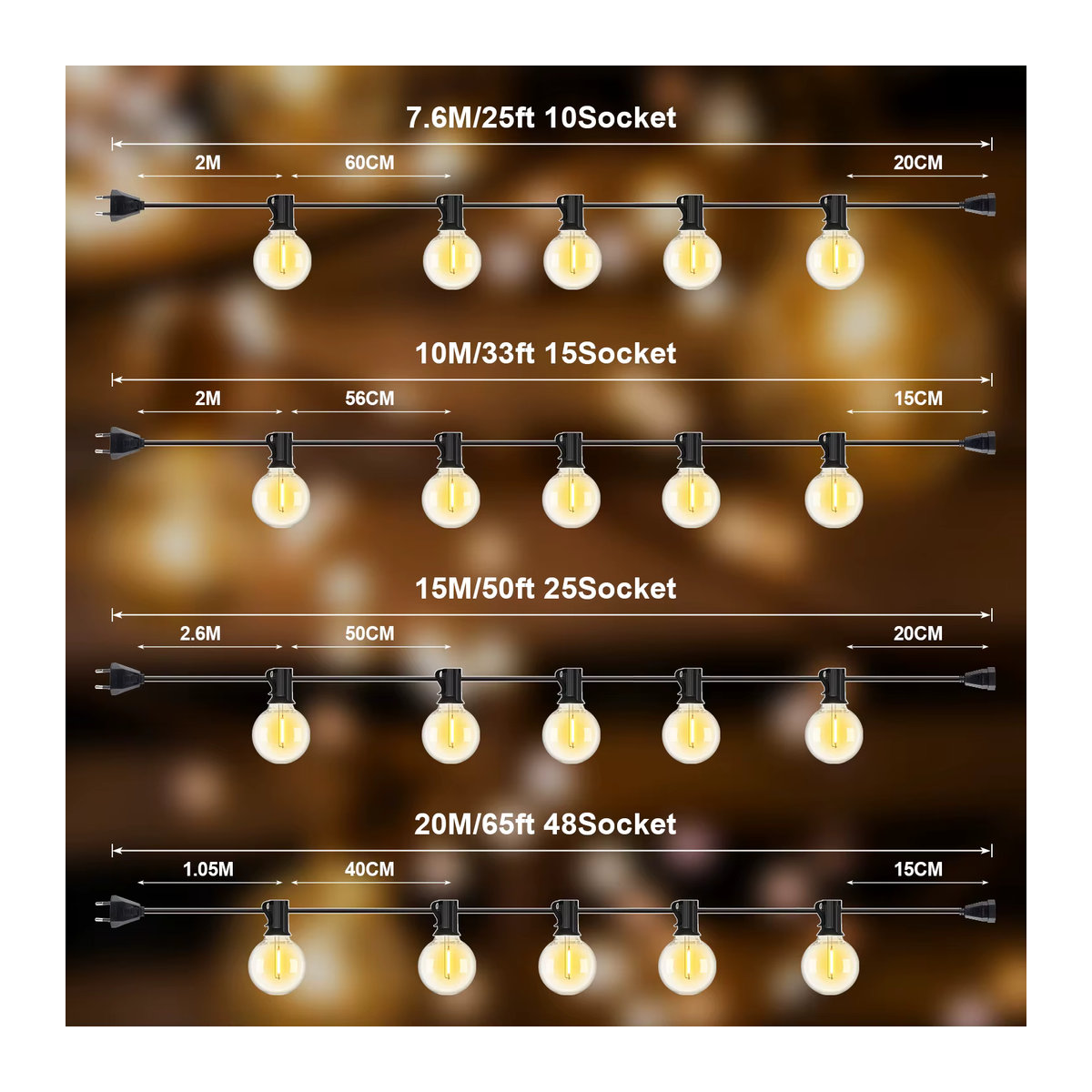Grensk LED G40 Lichterkette in Schwarz mit E12 Fassung, bruchsichere und wasserdichte Retro-Dekoration für deinen Garten - Bild 6
