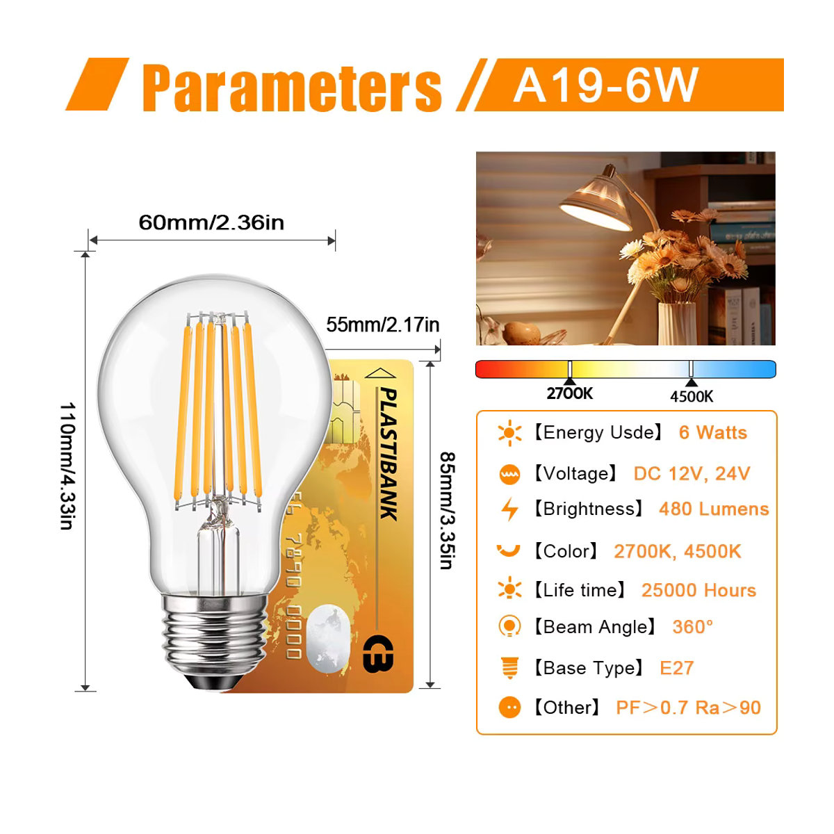 Grensk LED-Glühbirne E27 A19 Retro Warmweiß 2700K 6W für 12V 24V Niederspannung, Solarbatteriesysteme, Wohnmobile und Marinebeleuchtung - Bild 2