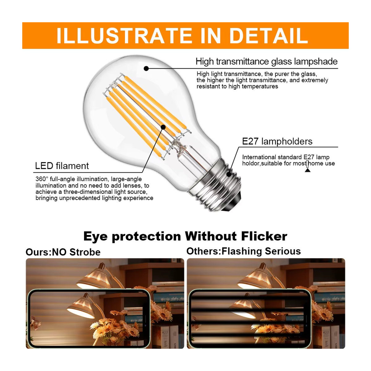 Grensk LED-Glühbirne E27 A19 Retro Warmweiß 2700K 6W für 12V 24V Niederspannung, Solarbatteriesysteme, Wohnmobile und Marinebeleuchtung - Bild 3