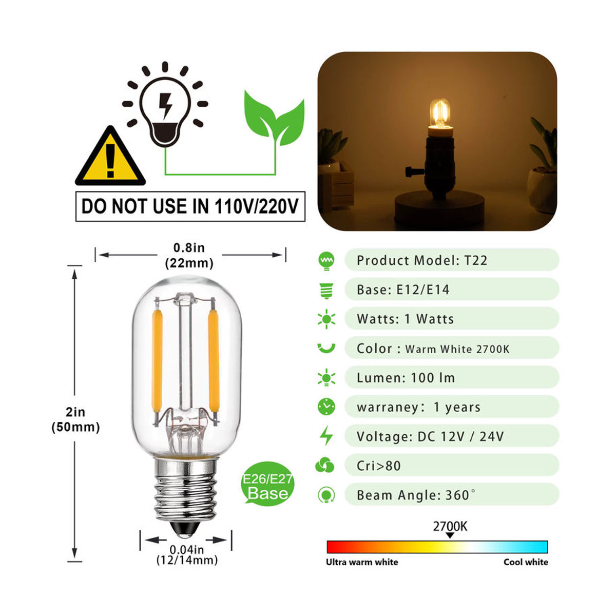 Grensk LED Glühbirne T22 Retro E14 Warmweiß 1W Niederspannung DC 12V 24V aus Glas - Bild 3